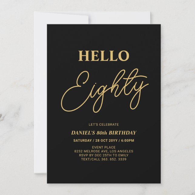 Invitation Bonjour 8 | Gold & Black 80th Birthday Party (Devant)