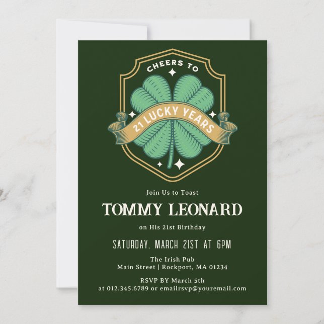 Invitation Bonjour à 21 ans Shamrock chanceux Anniversaire In (Devant)