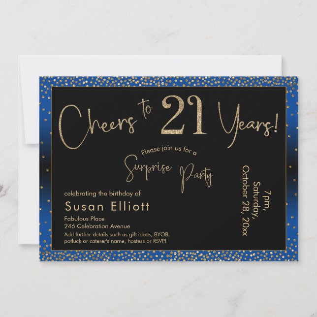 Invitation Bonjour à 21 ans Surprise Anniversaire Or & Bleu (Devant)