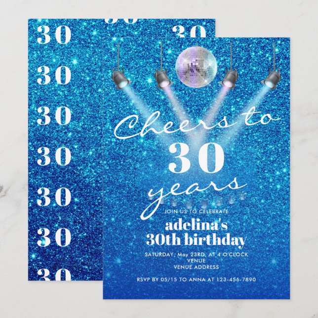 Invitation Bonjour à 30 ans Blue Glam Disco Anniversaire Rétr (Devant / Derrière)
