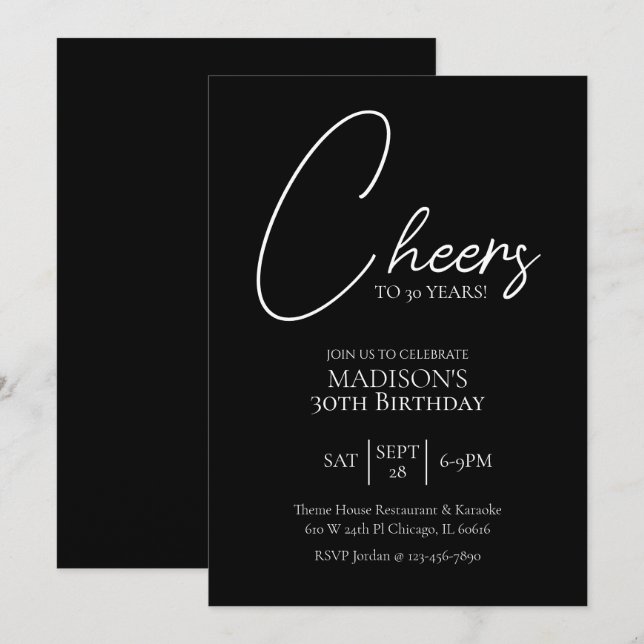 Invitation Bonjour à n'importe quel âge 30e anniversaire noir (Devant / Derrière)