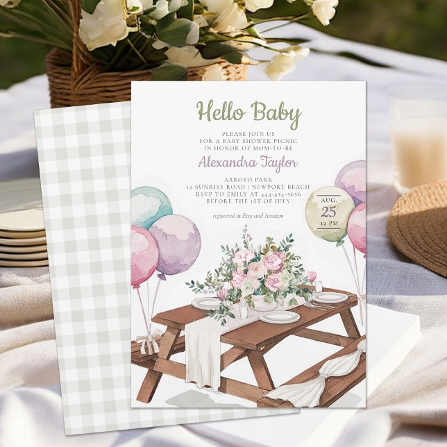 Invitation Bonjour Baby Balloons Pique-nique Parc Neutre Douc (picnic baby shower invitation park summer watercolor balloons cute fun casual classy gender neutral)