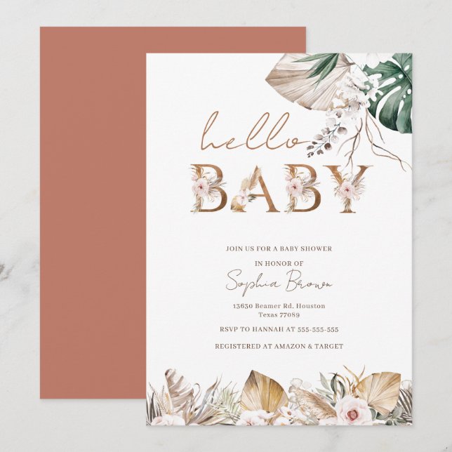 Invitation Bonjour Baby Boho Aquarelle Baby shower Floral (Devant / Derrière)