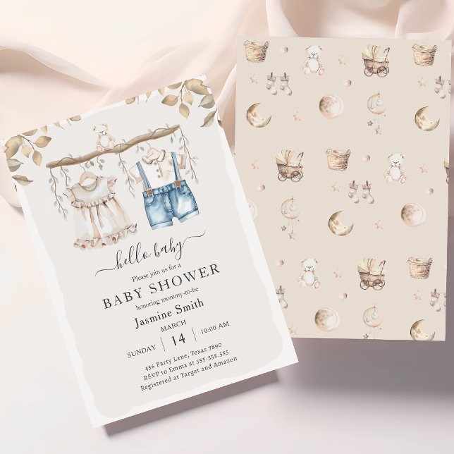 Invitation Bonjour Baby Elegant Boho Vêtements Baby shower (Créateur téléchargé)