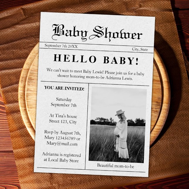 Invitation Bonjour Baby Newspaper Baby shower photo (newspaper style baby shower invitation photo unique hello baby gender neutral)
