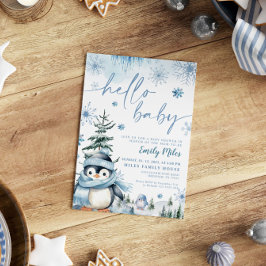 Invitation Bonjour Baby Penguin, baby shower bleu hiver