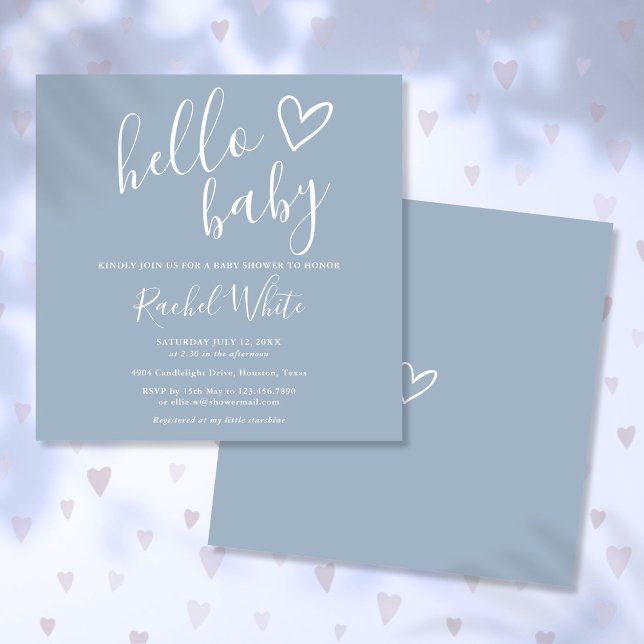 Invitation Bonjour Baby shower Bébé Garçon Dusty Bleu mignon  (Hello Baby Shower Baby Boy Dusty Blue Cute Heart Invitation)