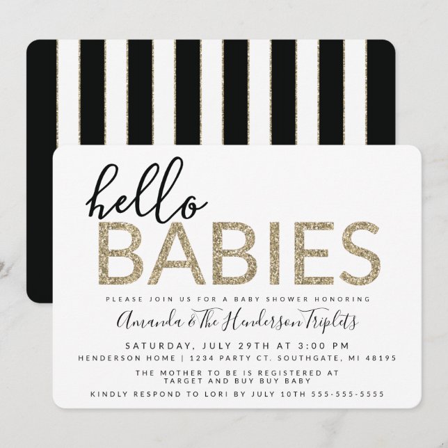 Invitation Bonjour Baby shower bébé, jumeaux ou triplets (Devant / Derrière)
