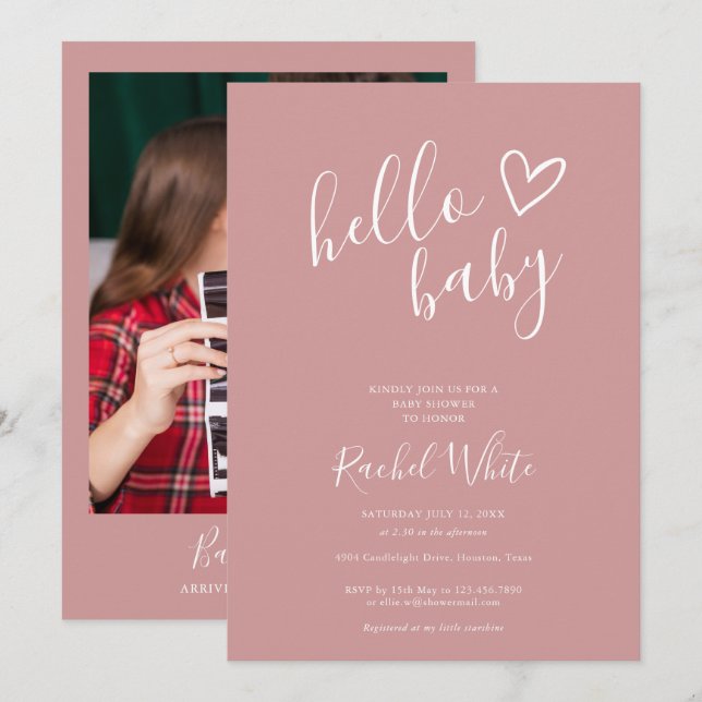 Invitation Bonjour Baby shower Dusty Rose rose bébé fille pho (Devant / Derrière)