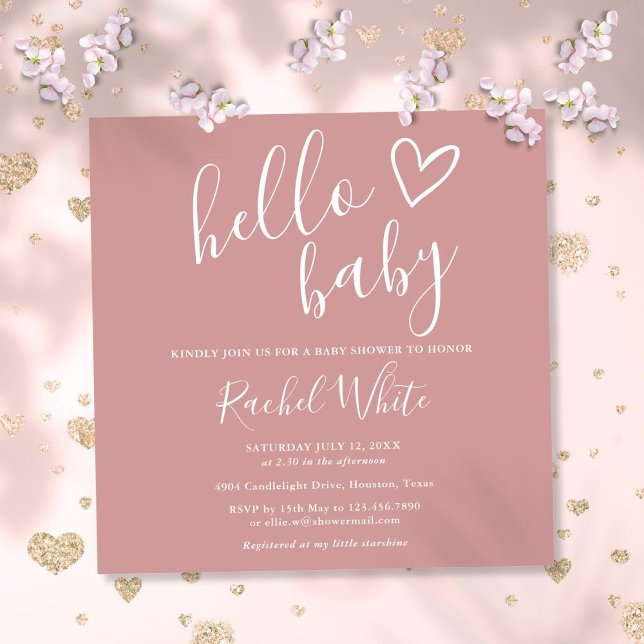 Invitation Bonjour Baby shower fille Dusty Rose rose mignon c (Hello Baby Shower Girl Dusty Rose Pink Cute Heart Invitation)