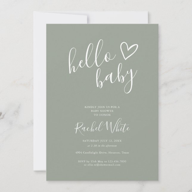 Invitation Bonjour Baby shower tout en un seul Sage vert neut (Devant)