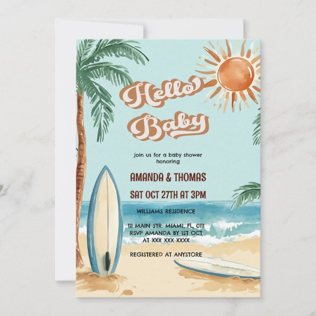 Invitation Bonjour Baby Surfboard Baby shower (Devant)
