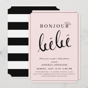Invitation Bonjour Bebe Beret Baby shower moderne fille rose