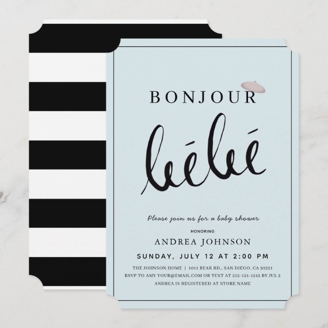 Invitation Bonjour Bebe Beret Modern Blue Boy Baby shower (Devant / Derrière)