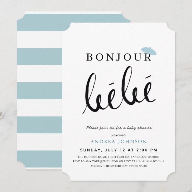 Invitation Bonjour Bebe Bleu Béet Simple Baby shower garçon (Devant / Derrière)