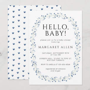 Invitation Bonjour Bébé Bleu Fleur sauvage Baby shower botani