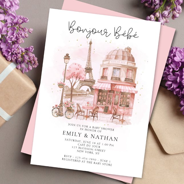 Invitation Bonjour Bébé Café Parisien Baby shower rose (Créateur téléchargé)