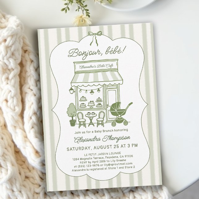 Invitation Bonjour Bebe Coffee Brunch Brewing Baby Shower (baby shower brunch invitation coffee theme brewing olive green bistro hand drawn paris bistro)