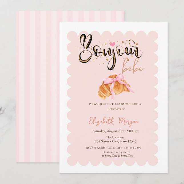 Invitation Bonjour Bébé Croissant  Bow Striped Baby Shower (Devant / Derrière)