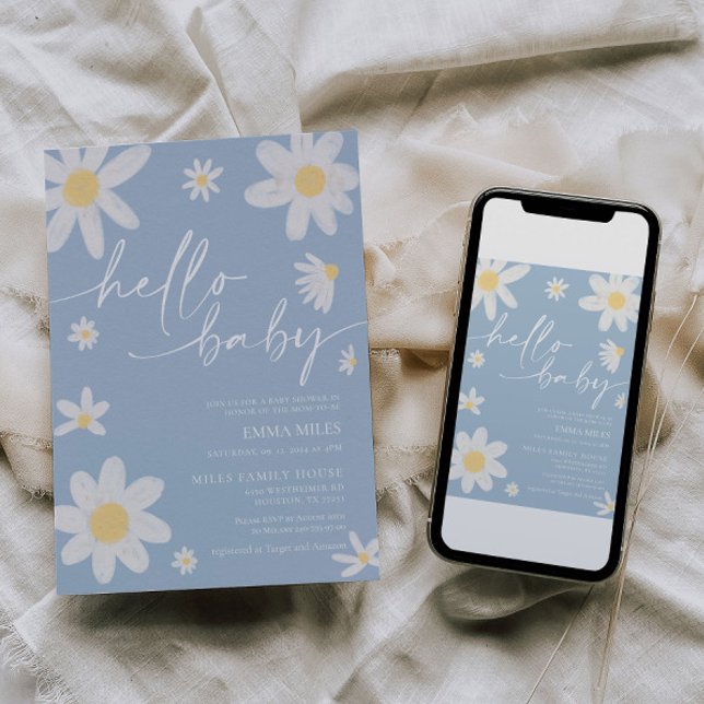 Invitation Bonjour bébé Dusty Baby shower bleu marguerite (Créateur téléchargé)