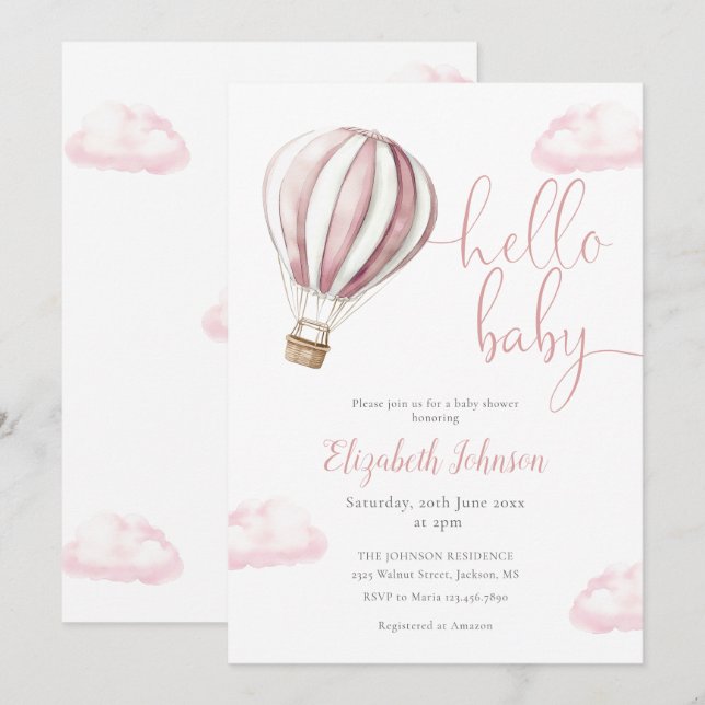 Invitation Bonjour Bébé Fille Rose Hot Air Baby shower (Devant / Derrière)