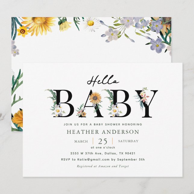 Invitation Bonjour bébé Fleur sauvage fille Baby shower Invit (Devant / Derrière)