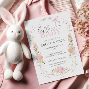 Invitation Bonjour Bébé Floral Rose Pâle Ruban Rose Bébé Show