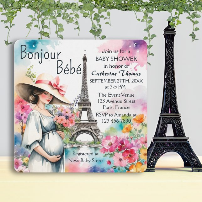 Invitation Bonjour Bebe Floral Tour Eiffel Baby shower Paris (Créateur téléchargé)