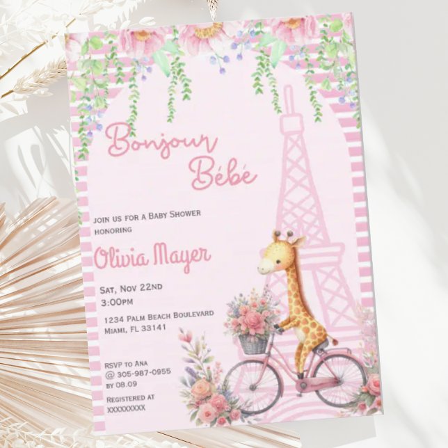 Invitation Bonjour Bebe French Paris Baby shower de girafe ro (Créateur téléchargé)