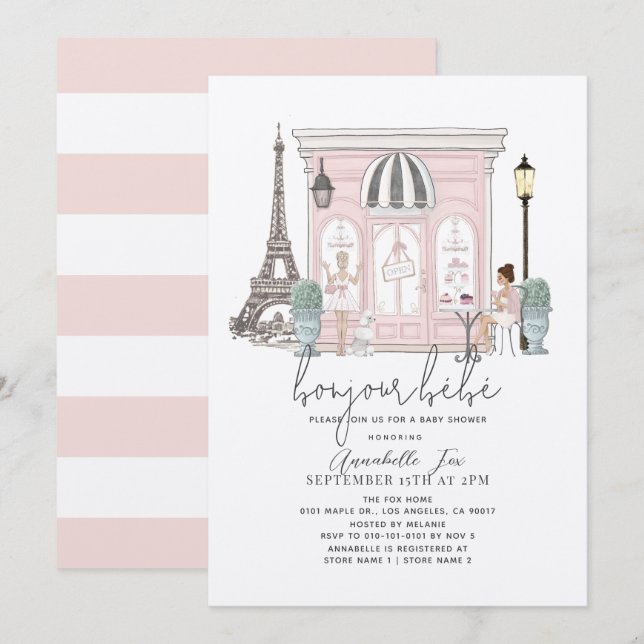 Invitation Bonjour Bébé French Paris Café Baby shower rose (Devant / Derrière)