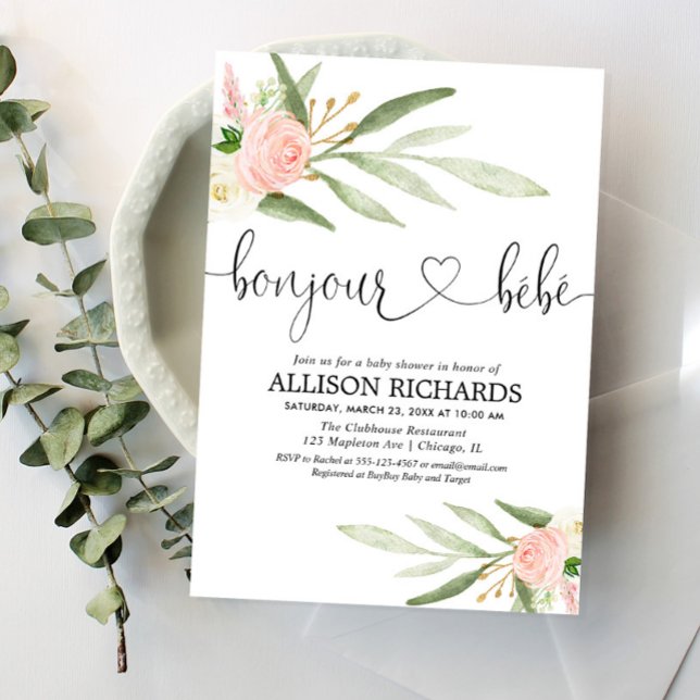 Invitation Bonjour bebe French Paris floral girl baby shower (Créateur téléchargé)