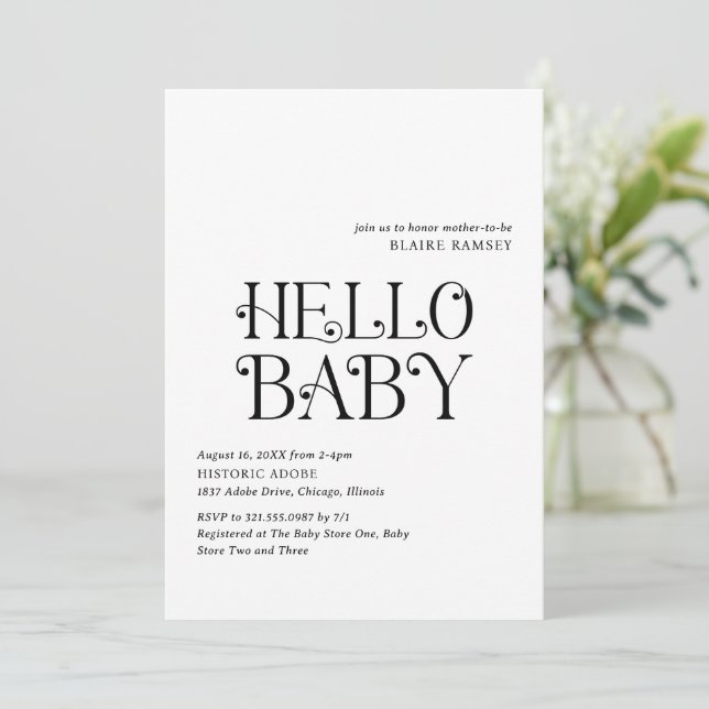 Invitation Bonjour bébé noir blanc Baby shower moderne (Debout devant)