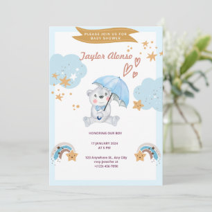 Invitation Bonjour Bébé Ours en Peluche Bleu Baby Shower