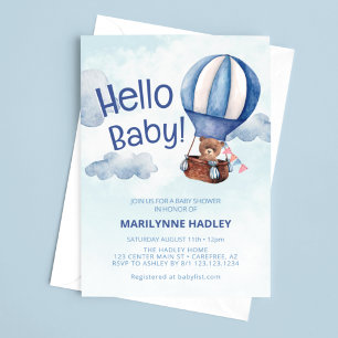 Invitation Bonjour Bébé Ours en Peluche Bleu Bain