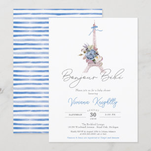 Invitation Bonjour Bebe Paris Baby shower Bleu Bleu Français