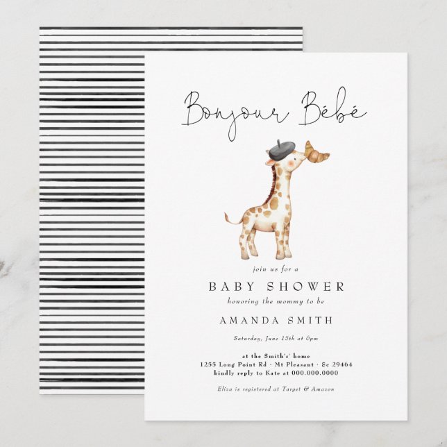 Invitation Bonjour Bebe Paris Baby shower de la Giraffe franç (Devant / Derrière)