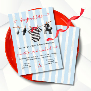 Invitation Bonjour Bebe Paris Boy Clothesline Baby shower