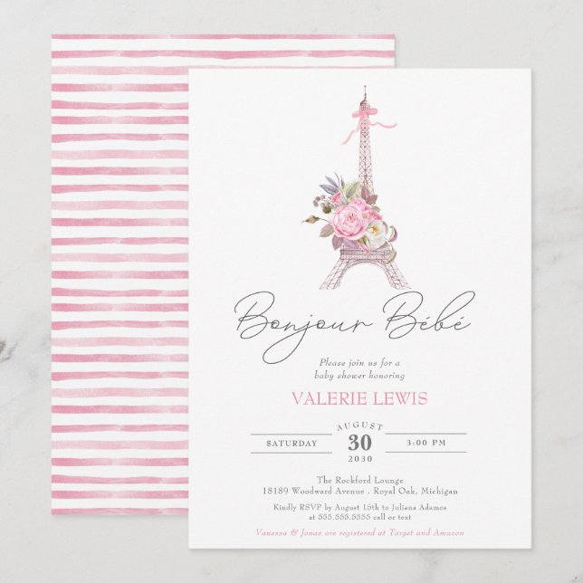 Invitation Bonjour Bebe Paris Eiffel Baby shower Floral rose (Devant / Derrière)