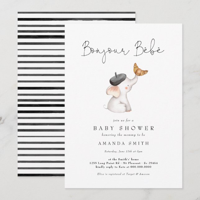 Invitation Bonjour Bebe Paris French Elephant Baby shower Inv (Devant / Derrière)