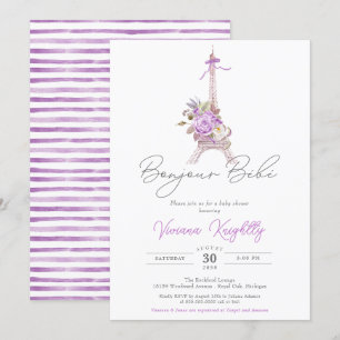 Invitation Bonjour Bebe Paris French Stripe Baby shower