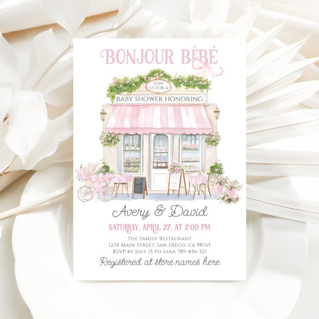 Invitation Bonjour Bebe Rose Café Parisien Baby Girl Douche (Créateur téléchargé)