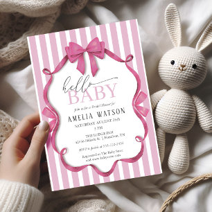 Invitation Bonjour Bébé Rose Rayé Nœud Baby Shower