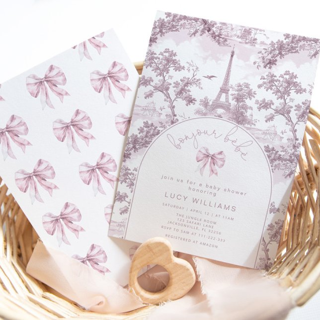 Invitation Bonjour Bebe Toile Pink Bow Baby shower français (Créateur téléchargé)