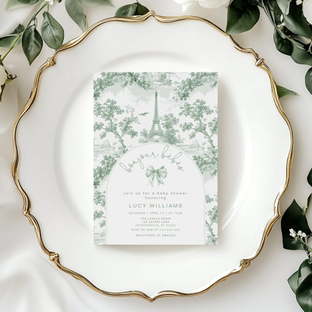 Invitation Bonjour Bebes Toile Twins French Green Baby shower (Créateur téléchargé)