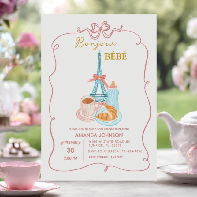 Invitation Bonjour Cafe Baby shower Coquette rose (Créateur téléchargé)