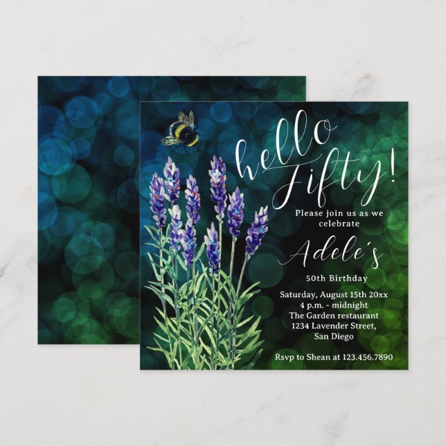 Invitation Bonjour cinquante, 50e anniversaire Lavender aquar (Devant / Derrière)