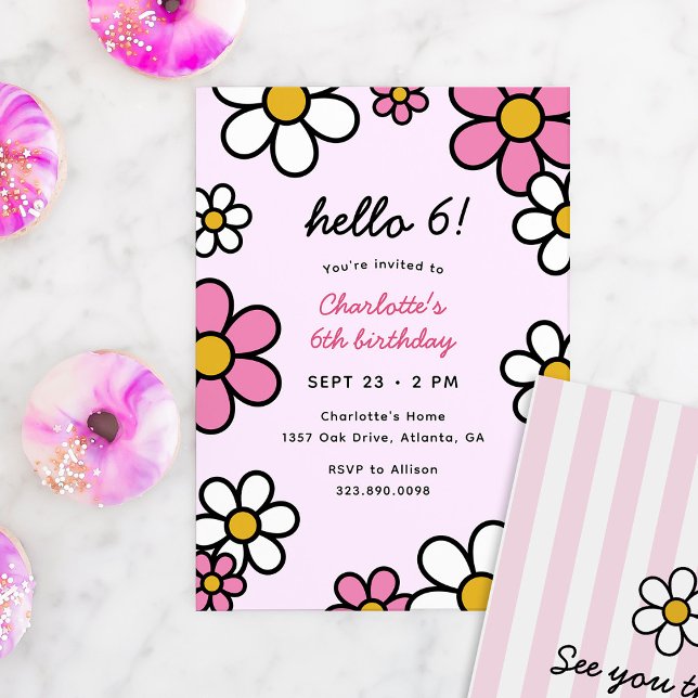 Invitation Bonjour Cutie Cartoon Daisies rose Anniversaire fê (Hello Cutie cartoon daisies birthday party invitation template in pink, white, and yellow)