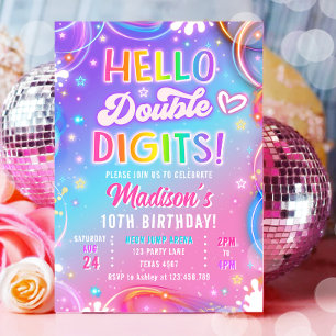 Invitation Bonjour Double Chiffres Fille Neon Glow 10ème Anni