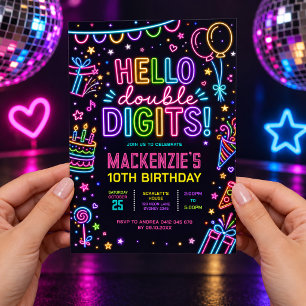 Invitation Bonjour Double Chiffres : Neon Glow 10e Anniversai