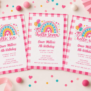 Invitation Bonjour Fille Six Anniversaire Gingham Arc-en-Ciel